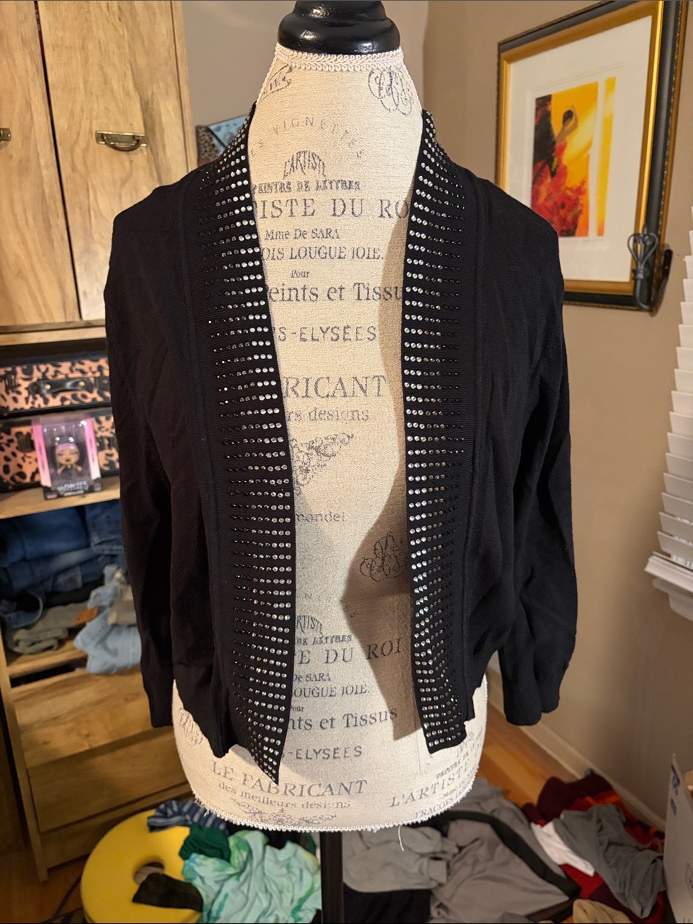 RN Studio Black Embellished Open-Front Women's Cardigan - XL